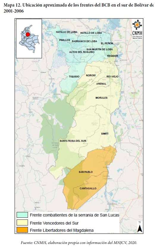 Ubicación de los frentes combatientes de la Serranía de San Lucas, frente Vencedores del Sur y Libertadores del Magdalena.