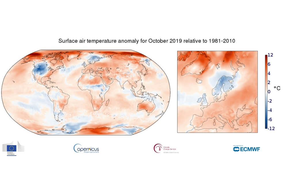 A nivel mundial, octubre fue 0,69 ° C más cálido que el promedio de octubre de 1981-2010, lo que lo hace por un margen estrecho el octubre más cálido en este registro de datos. / Climate Change Service