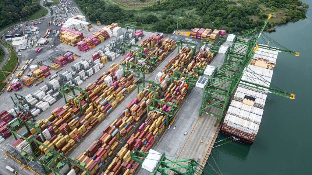 (FILES) This aerial view shows the Rodman port terminal, at the Pacific entrance of the Panama Canal in Panama City on October 6, 2025.