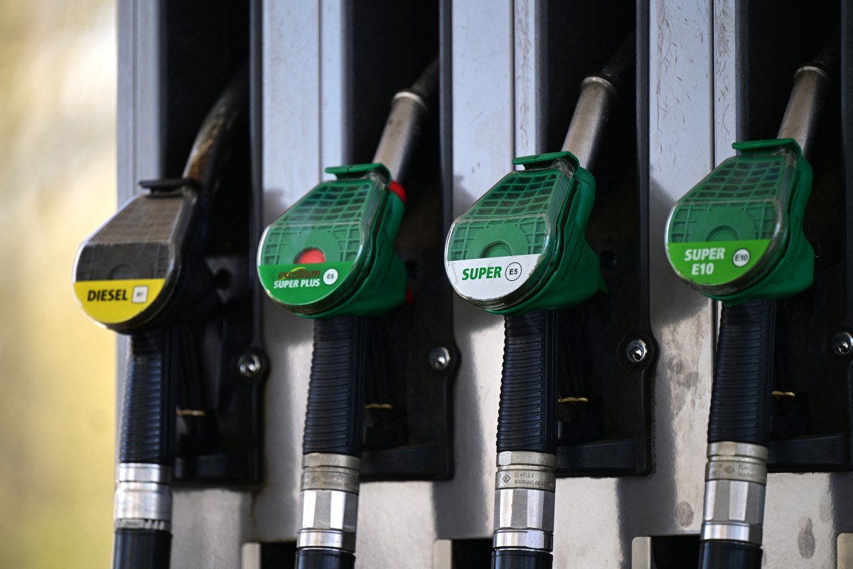 (FILES) A photo shows a petrol pump at a petrol station at the motorway A43 near Muenster on April 1, 2026.