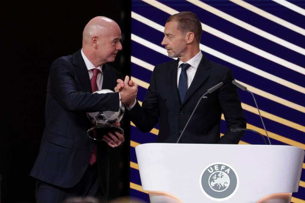BRUSSELS (Belgium), 12/02/2026.- FIFA President Gianni Infantino (L) and UEFA President Aleksander Ceferin (R) attend the 50th UEFA Ordinary Congress in Brussels, Belgium, 12 February 2026. (Bélgica, Bruselas) EFE/EPA/CHRISTOPHER NEUNDORF