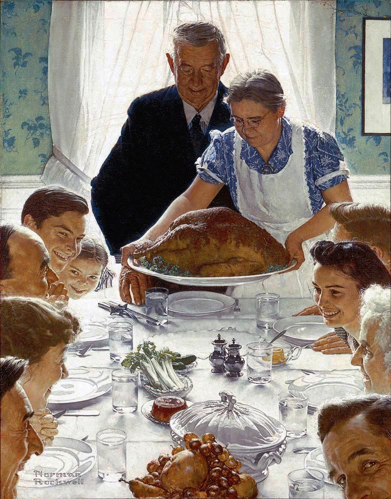 Pintura emblemática de Norman Rockwell sobre la celebración del thanksgiving.