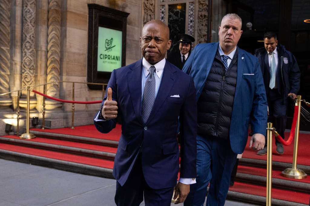 (FILES) New York City Mayor Eric Adams departs after attending New York Police Department (NYPD) Commissioner Jessica Tisch's "State of the NYPD" address in New York City on January 30, 2025.