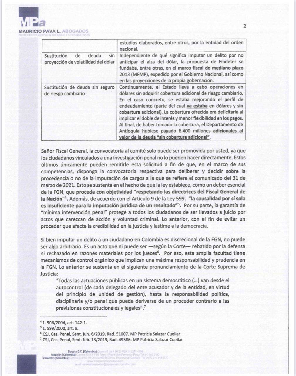 Carta enviada por el abogado de Sergio Fajardo a la Fiscalía General de la Nación.