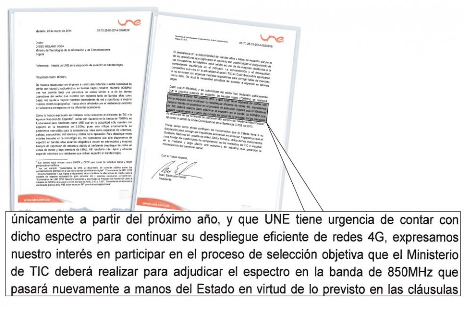 Facsímil de la carta enviada por Une, solicitándole realizar una asignación objetiva de espectro en bandas bajas, al Ministerio de las TIC.