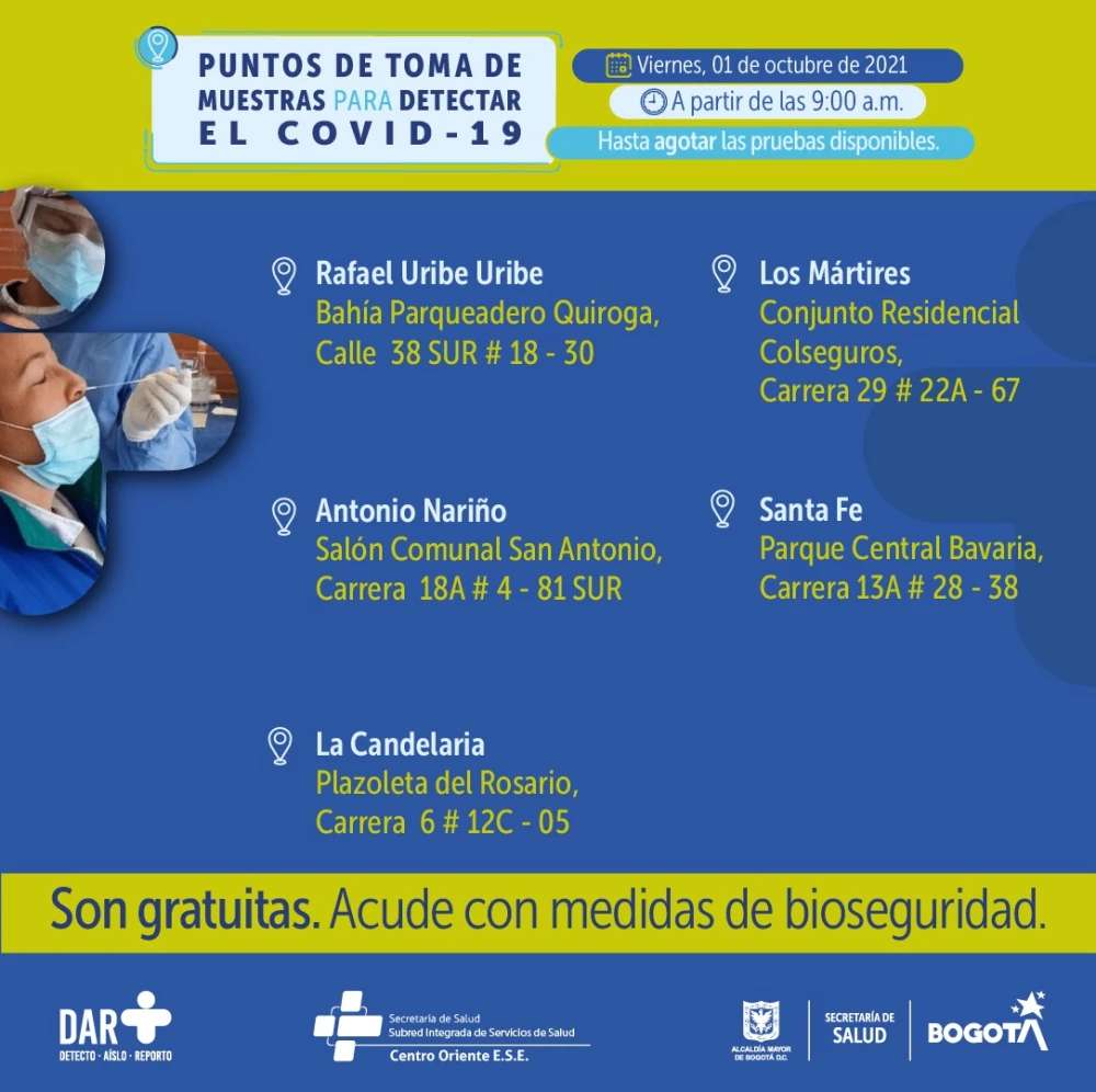 Estos son los puntos para toma de pruebas COVID-19 este viernes en Bogotá.