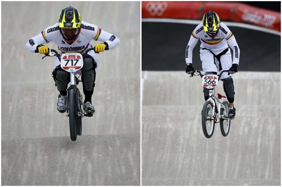 Andrés Jiménez (i) y Carlos Oquendo (d) durante la competencia en cauartos de final del BMX olímpico. Foto: EFE