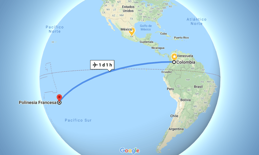 Vista en google maps de la distancia apróximada entre Colombia y la Plonesia.
