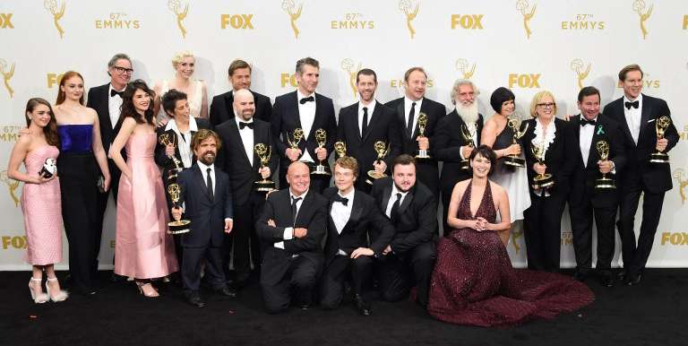 The Cast and crew from Game of Thrones pose in the Press Room with their awards for Outstanding Drama Series during the 67th Emmy Awards on September 20, 2015 at the Microsoft Theater in Los Angeles, California. AFP PHOTO / VALERIE MACON