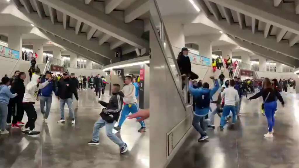 Pelea entre hinchas colombianos en el Metropolitano de Madrid en España tras el duelo Colombia vs. Rumania