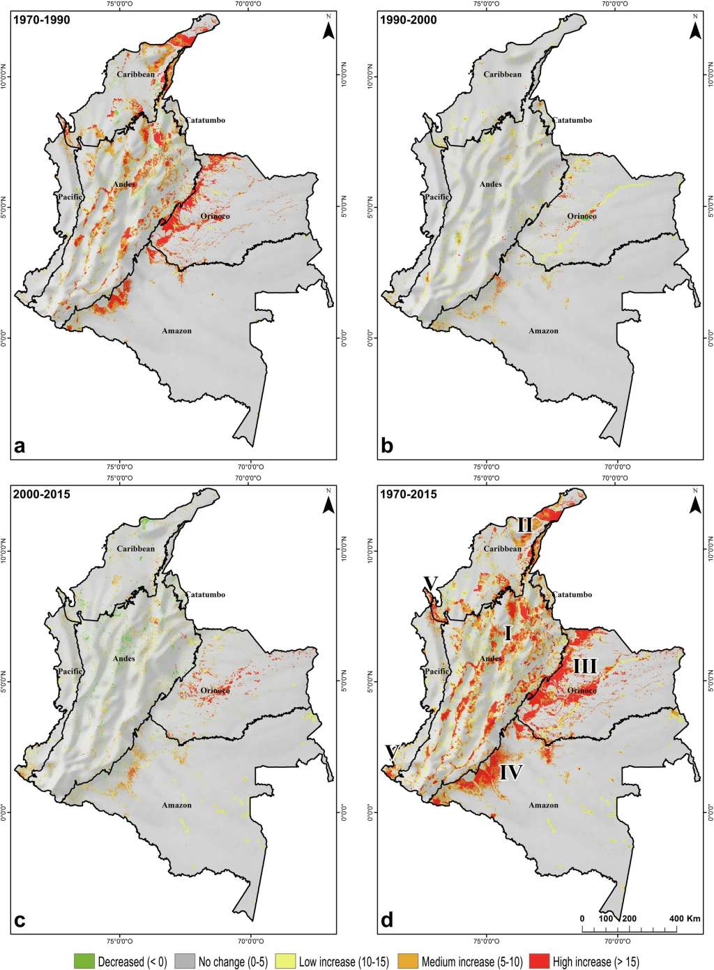 Distribución parcial de los "Hot Spots" o puntos críticos de cambio para cada año evaluado. a) Período 1970–1990. b) Período 1990–2000. c) Período 2000-2015. d) Período 1970–2015. Entre 1970 y 2015 se identificaron cinco puntos críticos de cambio principales: I) Región andina centro-norte. II) Parte baja de la Sierra Nevada de Santa Marta y península de la Guajira. III) estribaciones andino-orinocénces. IV) estribaciones andino-amazónicas en el frente de deforestación de los estados de Caquetá y Putumayo. V) subregión de Darién en el estado del Chocó. V) región del Pacífico suroccidental.