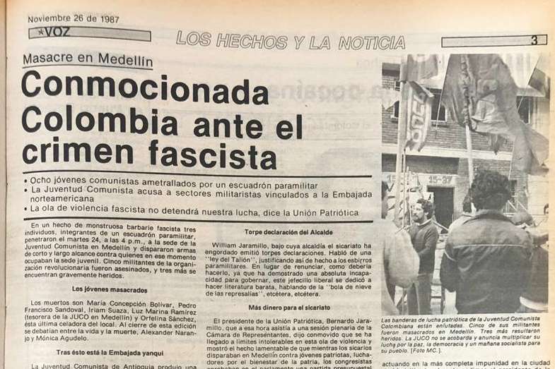 Esta fue la página del Semanario Voz cuando ocurrió la masacre.Semanario VozHoy, 32 años después de la masacre, Agudelo asegura que la JEP significa una esperanza: “Se acude a esa jurisdicción como un reconocimiento a su buen juicio y por el papel que tiene para mostrarle un camino diferente a este país: la justicia restaurativa y no la de la venganza”.