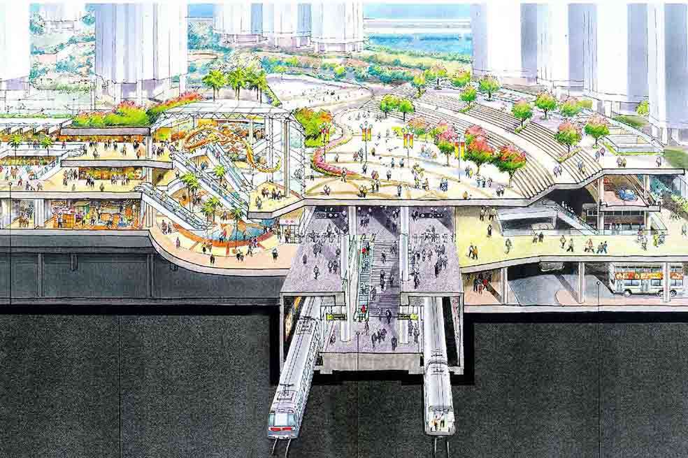 La zona de LOHAS en Hong Kong, donde encima de una línea férrea se construyeron viviendas, oficinas, locales comerciales, un hotel e instalaciones comunitarias. / Foto: Hong Kong City Government