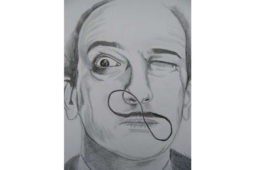 Dibujo de Salvador Dalí. El artista sale picando un ojo y la forma de su bigote muestra el signo de infinito.