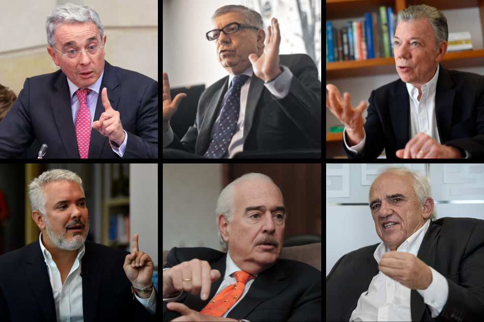 Los expresidentes Álvaro Uribe (2002-2010), César Gaviria (1990-1994), Juan Manuel Santos (2010-2018), Iván Duque (2018-2022), Andrés Pastrana (1998-2002) y Ernesto Samper (1994-1998).