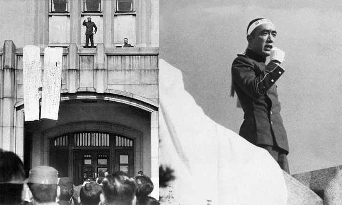 25 de noviembre de 1970: Yukio Mishima en los balcones del cuartel general de Tokio, donde pidió a las tropas dar un golpe de Estado y restituirle el poder al emperador. Como no logró la revuelta, se suicidó con su espada cumpliendo el rito samurái.