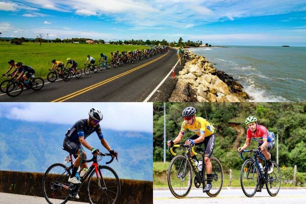 Arriba, el pelotón por las playas de Arboletes. Abajo, Edison Muñoz, Didier Merchán y Didier Chaparro, protagonistas de la tercera etapa de la Vuelta a Antioquia.