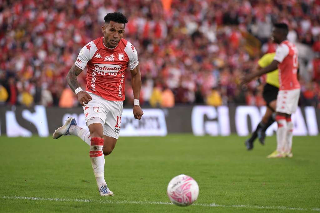 Futbolista colombiano, delantero de Santa Fe en el partido ante Once Caldas por la fecha veinte de la Liga Betplay 2022-II.