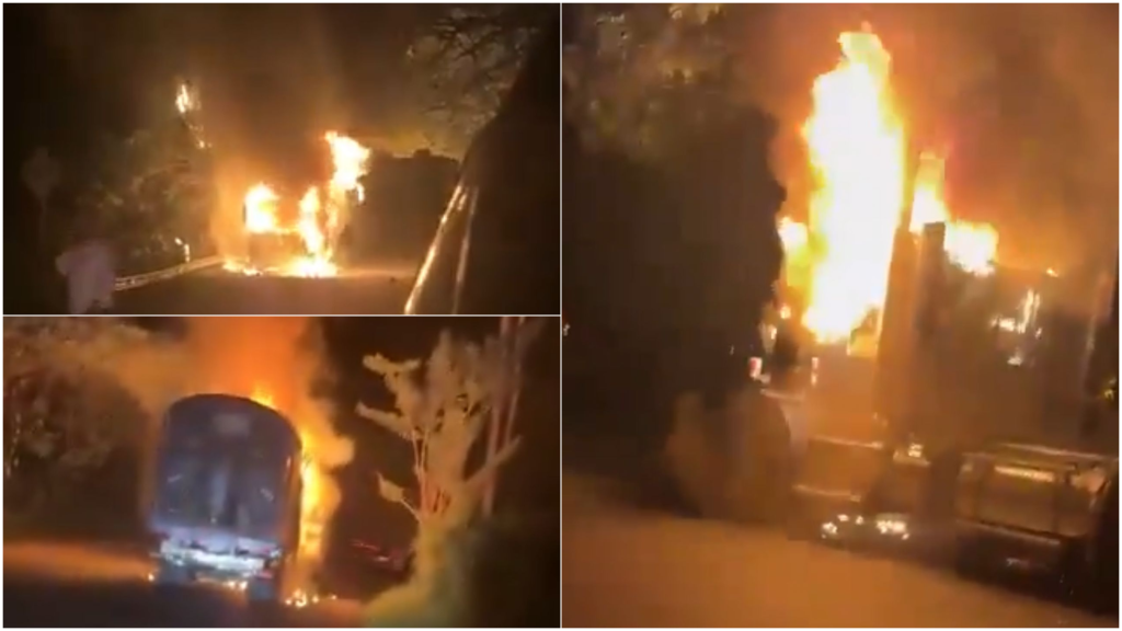 Incineran bus y dos tractocamiones en vía del norte de Antioquia; Ejército atribuye acción al ELN