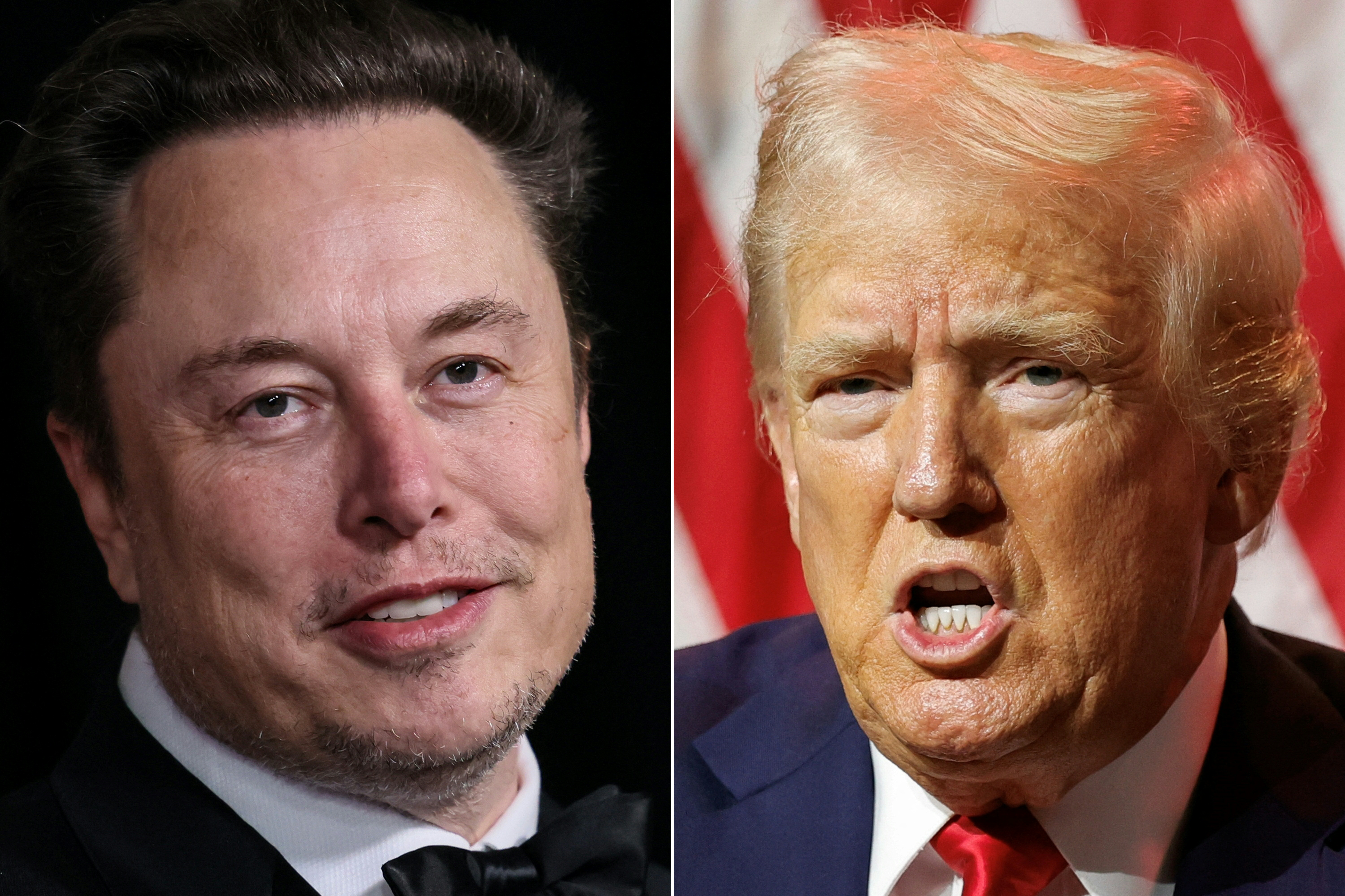 (COMBO) This combination of pictures created on August 12, 2024 shows, L-R, South African businessman Elon Musk arriving at the Tenth Breakthrough Prize Ceremony at the Academy Museum of Motion Pictures in Los Angeles, California, on April 13, 2024 and former US President and 2024 Republican presidential nominee Donald Trump speaking at the National Association of Black Journalists annual convention in Chicago, Illinois, on July 31, 2024.