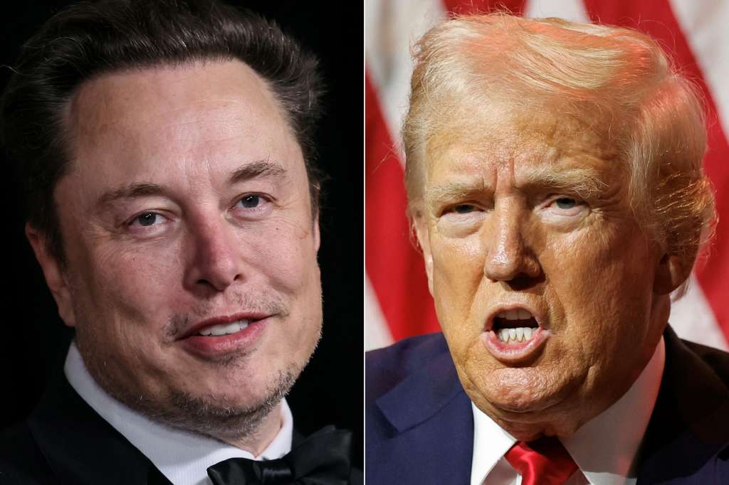 (COMBO) This combination of pictures created on August 12, 2024 shows, L-R, South African businessman Elon Musk arriving at the Tenth Breakthrough Prize Ceremony at the Academy Museum of Motion Pictures in Los Angeles, California, on April 13, 2024 and former US President and 2024 Republican presidential nominee Donald Trump speaking at the National Association of Black Journalists annual convention in Chicago, Illinois, on July 31, 2024.