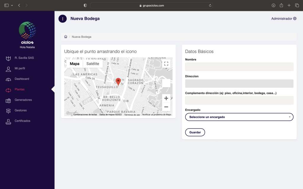 En la plataforma del Grupo Ciclos se puede administrar de una manera georreferenciada la información de los diferentes puntos de generación de residuos.