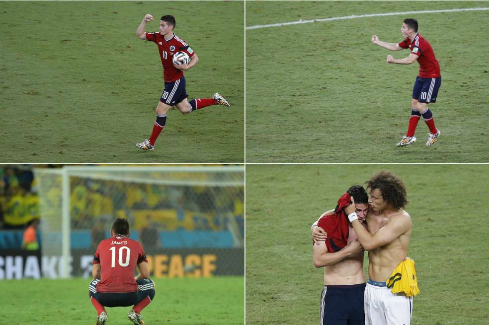 Secuencia del gol de James y la eliminación ante Brasil, en 2014. / AFP y EFE