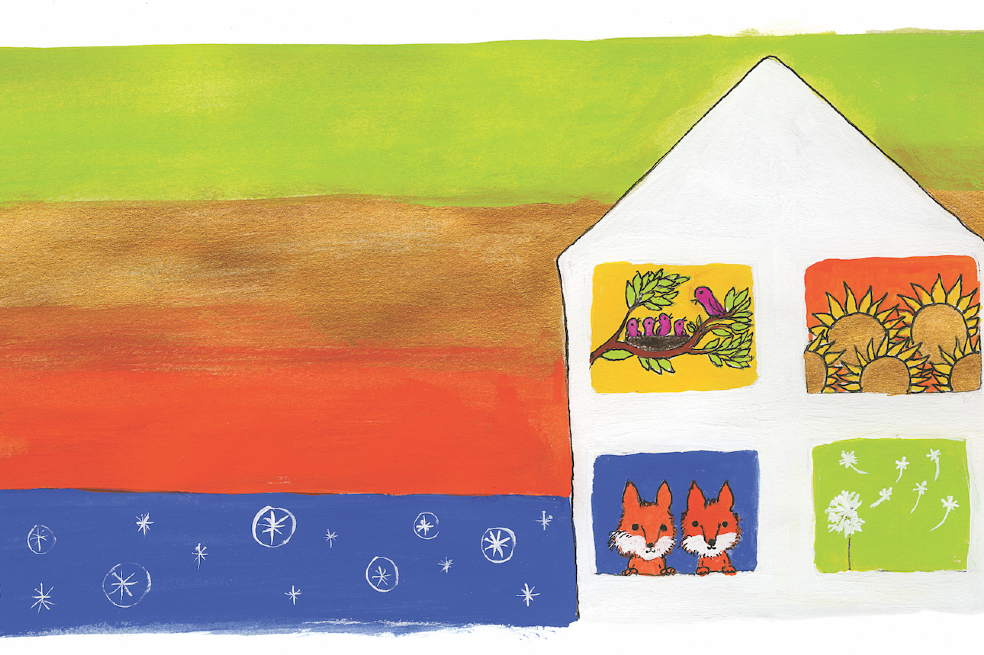Ilustración de "Mi Casa". El fondo de la imagen tiene cuatro colores: verde claro, café, rojo y azul. La casa, con paredes blancas, está dividida en cuatro áreas: una tiene pájaros, otra unos girasoles, otras dos gatos, y otra un diente de león.