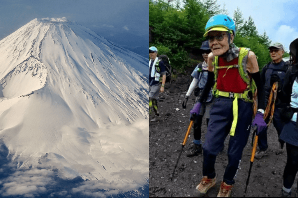 Kokichi Akuzawa (der.), en su ascenso al Monte Fuji.