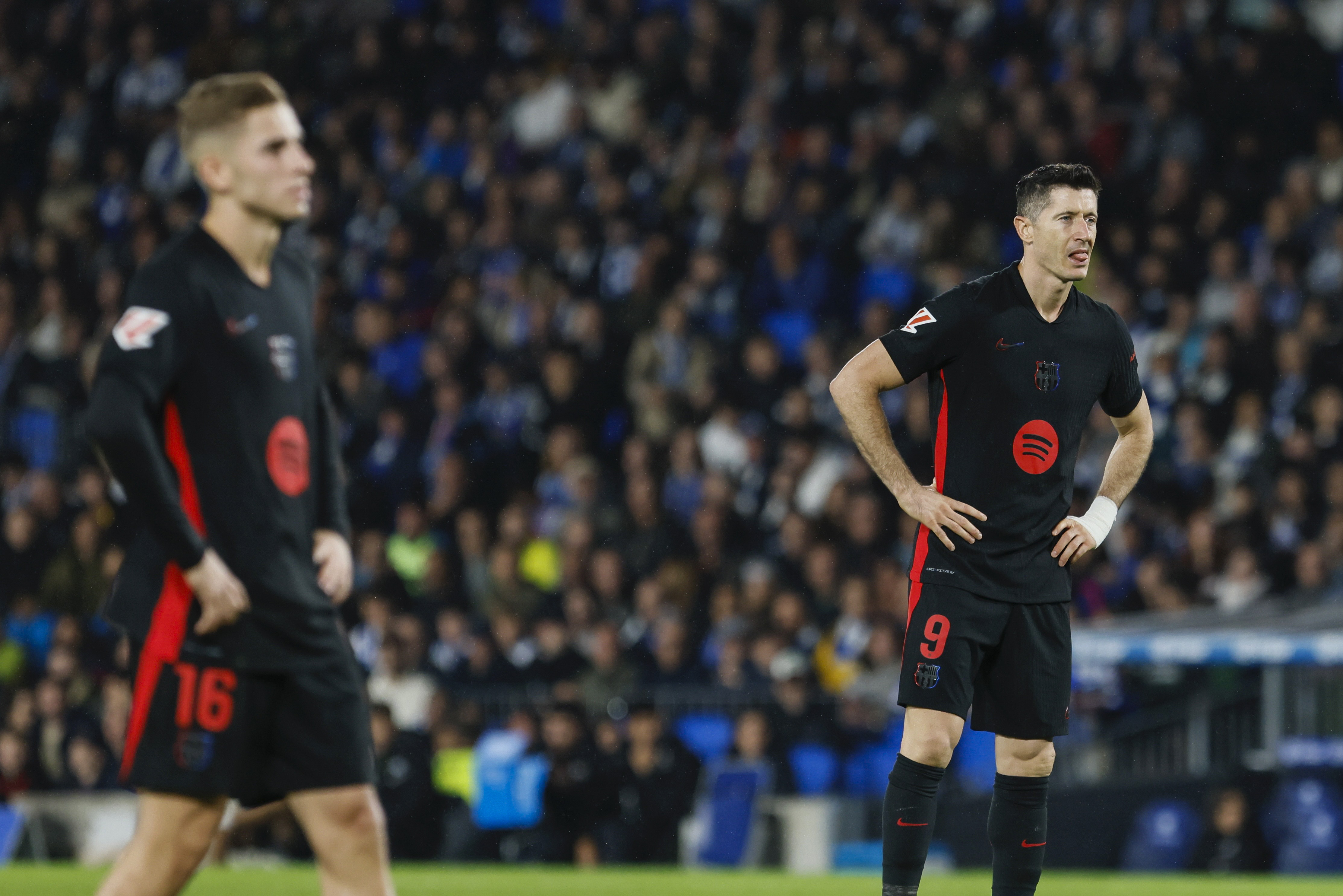 SAN SEBASTIÁN, 10/11/2024.- El delantero del Barcelona Robert Lewandowski (d), durante el partido de LaLiga que Real Sociedad y FC Barcelona disputan este domingo en el Reale Arena, en San Sebastián. EFE/Javi Colmenero