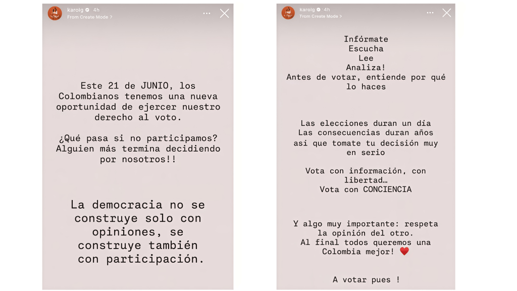 Karol G se pronunció sobre las elecciones en Colombia: este fue su mensaje