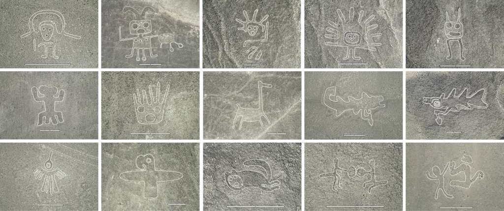 Quince de un total de 303 geoglifos figurativos de tipo relieve recientemente descubiertos a partir del estudio asistido por IA.