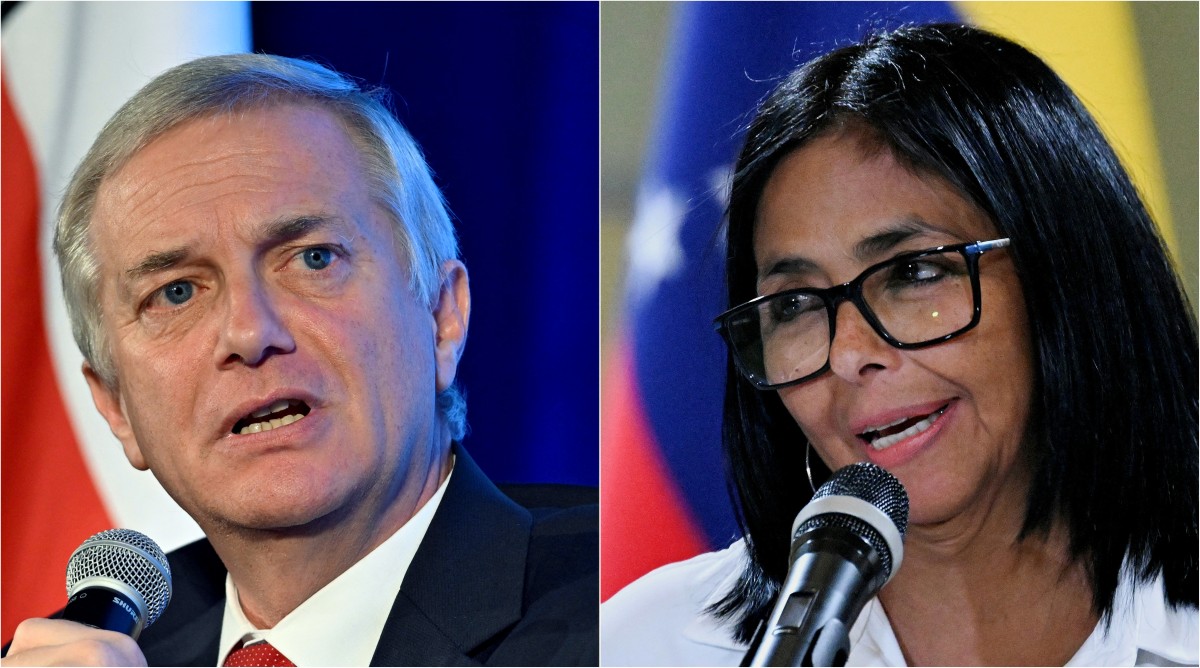 (COMBO) This combination of file pictures created on July 30, 2026 shows Chile's President Jose Antonio Kast during a breakfast organized by the Association of Marketing Executives of Uruguay (ADM) in Montevideo on July 2, 2026; and Venezuela's interim President Delcy Rodriguez during a press conference after a signing of an agreement ceremony between Chevron Venezuela and the national government at the Miraflores Palace in Caracas on April 13, 2026.