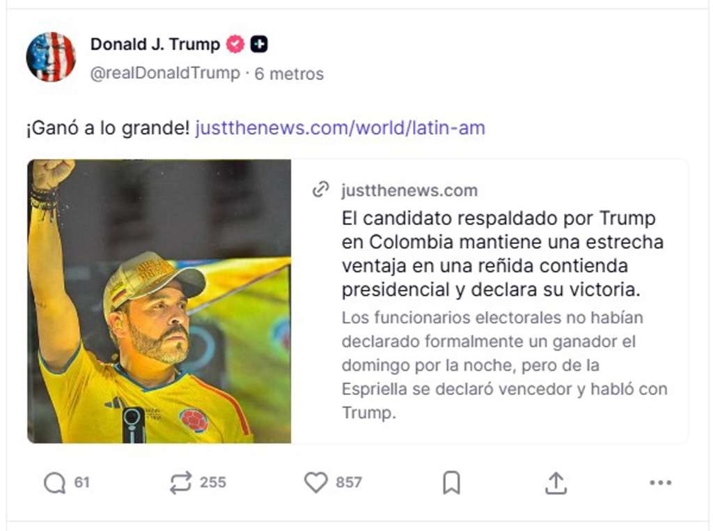 AME3218. BOGOTÁ (COLOMBIA), 21/06/2026.- Captura de una publicación en la cuenta en Truth Social @realDonaldTrump del presidente de EE.UU., Donald Trump, donde celebra la victoria del ultraderechista Abelardo de la Espriella en las elecciones de Colombia con un "Él gano, ¡GRANDE!", que acompaña una noticia con los resultados preliminares que le dan el triunfo por delante del candidato de izquierda Iván Cepeda. EFE/ @realDonaldTrump /SOLO USO EDITORIAL/ SOLO DISPONIBLE PARA ILUSTRAR LA NOTICIA QUE ACOMPAÑA (CRÉDITO OBLIGATORIO)