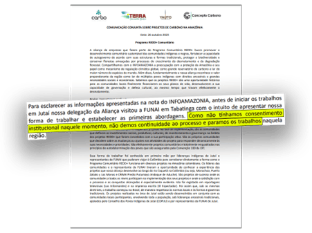 En una nota publicada dos días después del reportaje de InfoAmazonia, los empresarios dijeron que el proyecto había sido suspendido tras recibir una respuesta negativa de FUNAI. Sin embargo, la nota fue retirada de la página web y los trabajos continuaron hasta la firma de los contratos en noviembre de 2023.