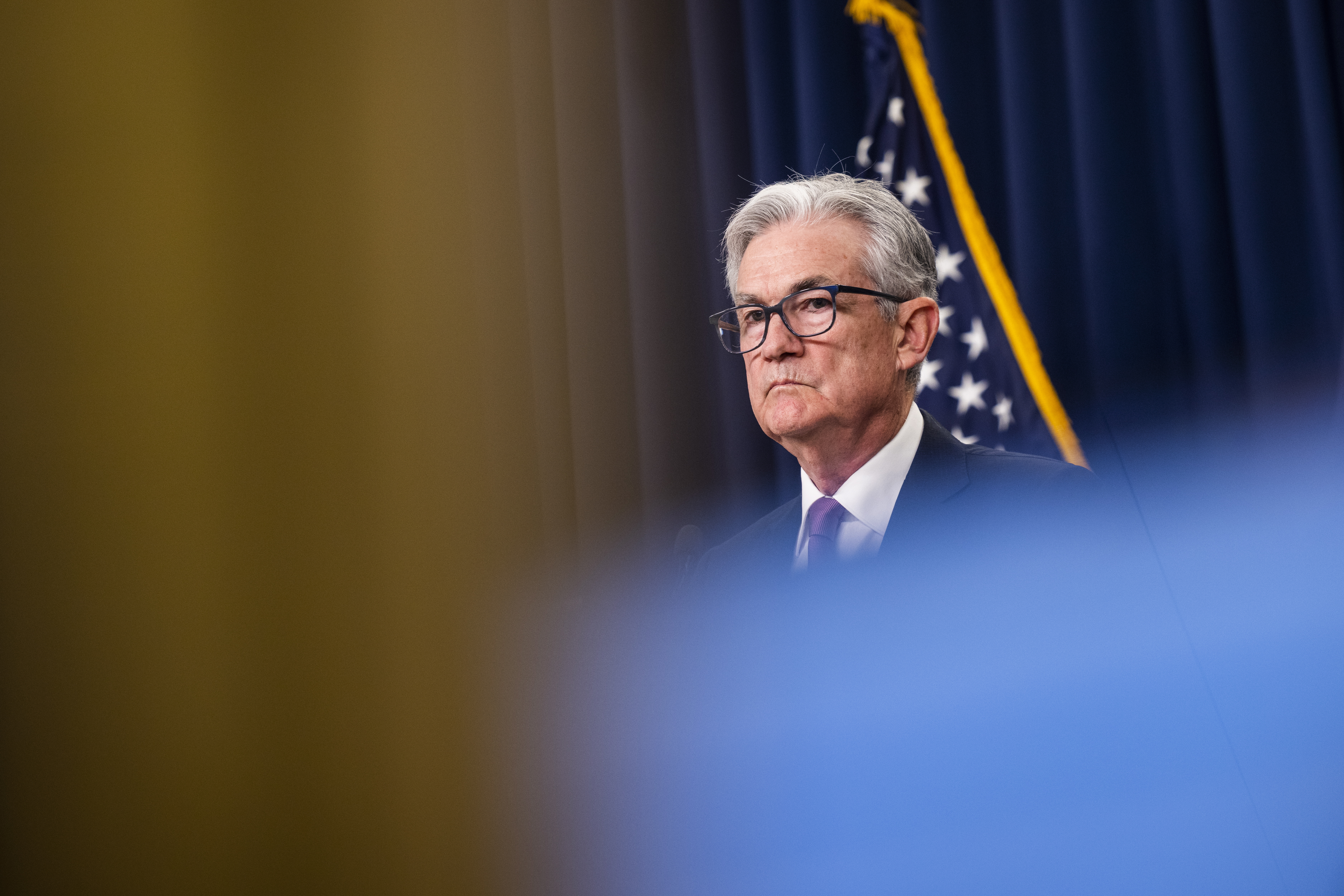 Washington (United States), 27/07/2022.- Federal Reserve Board Chairman Jerome Powell holds a news conference after the Fed decided to once again raise interest rates by three-quarters of a percentage point at the William McChesney Martin Jr. Building in Washington, DC, USA, 27 July 2022. The Fed hopes to temper inflation rates, which have reached their highest levels in 40 years. (Estados Unidos, Roma) EFE/EPA/JIM LO SCALZO