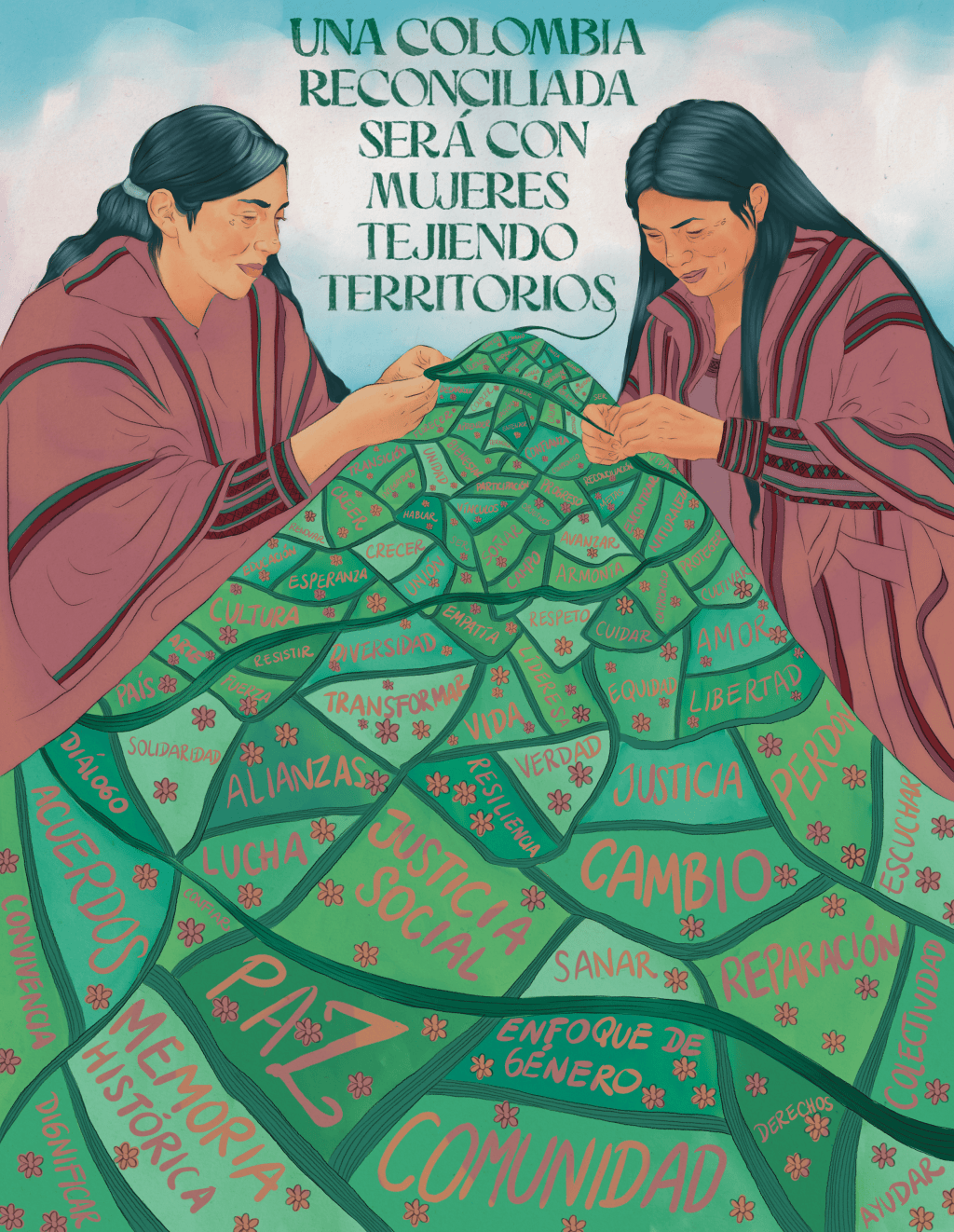 “Mujeres tejiendo territorio”, ilustración de Ana Sofía Goyes ganadora del concurso Trazos de Paz.
