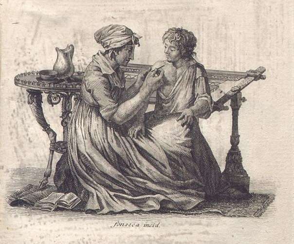 Ilustración del libro "Origen y descubrimiento de la vaccina", de Pedro Hernández, uno de los primeros manuales sobre la vacunación que conocieron las autoridades del Nuevo Reino de Granada.