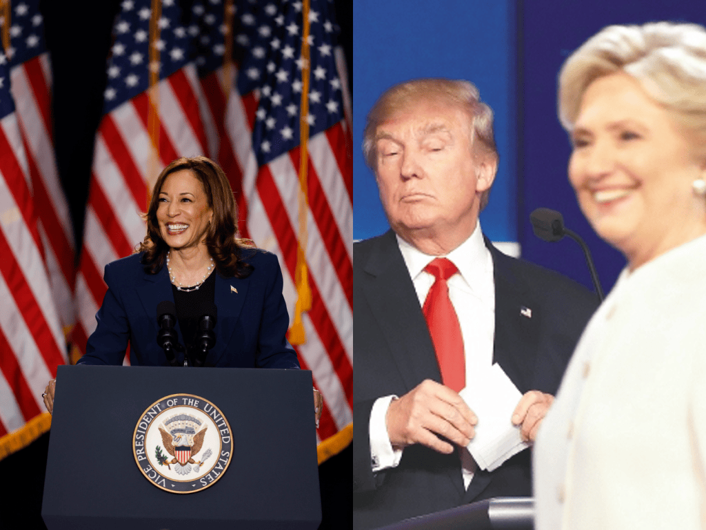 Kamala Harris (izq.) y Donald Trump (c.) detrás de Hillary Clinton (der.).