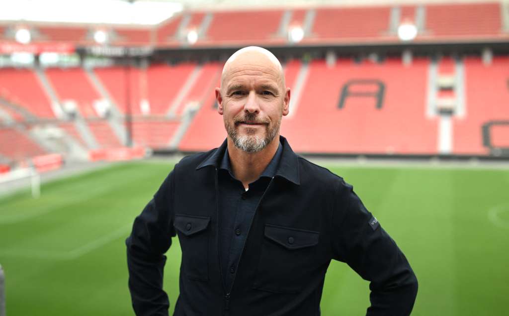 (FILES) The new head coach of German Bundesliga team Bayer Leverkusen, Erik ten Hag poses after a press conference at the BayArena in Leverkusen, western Germany, on May 26, 2025.