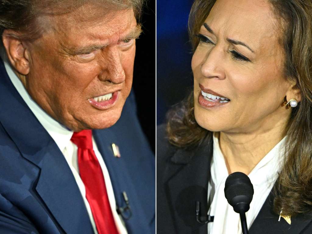 (FILES) (COMBO) This combination of pictures created on September 10, 2024 shows former US President and Republican presidential candidate Donald Trump (L) and US Vice President and Democratic presidential candidate Kamala Harris participating in a presidential debate at the National Constitution Center in Philadelphia, Pennsylvania, on September 10, 2024.