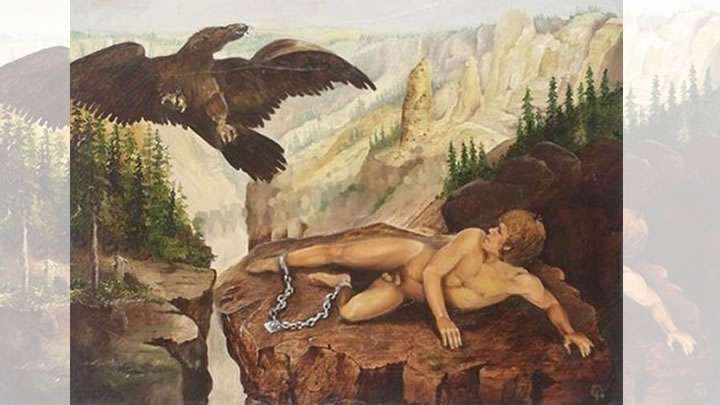 En la mitología griega, Prometeo es el Titán protector de los mortales, honrado por robar el fuego de los dioses y darlo a la humanidad para su uso, pero por ello castigado por Zeus. Fue llevado al Cáucaso y encadenado donde un águila se comió su hígado, pero al ser inmortal, se le regeneraba y el ave volvía cada día. El castigo era eterno hasta que Heracles mató al águila y lo liberó.