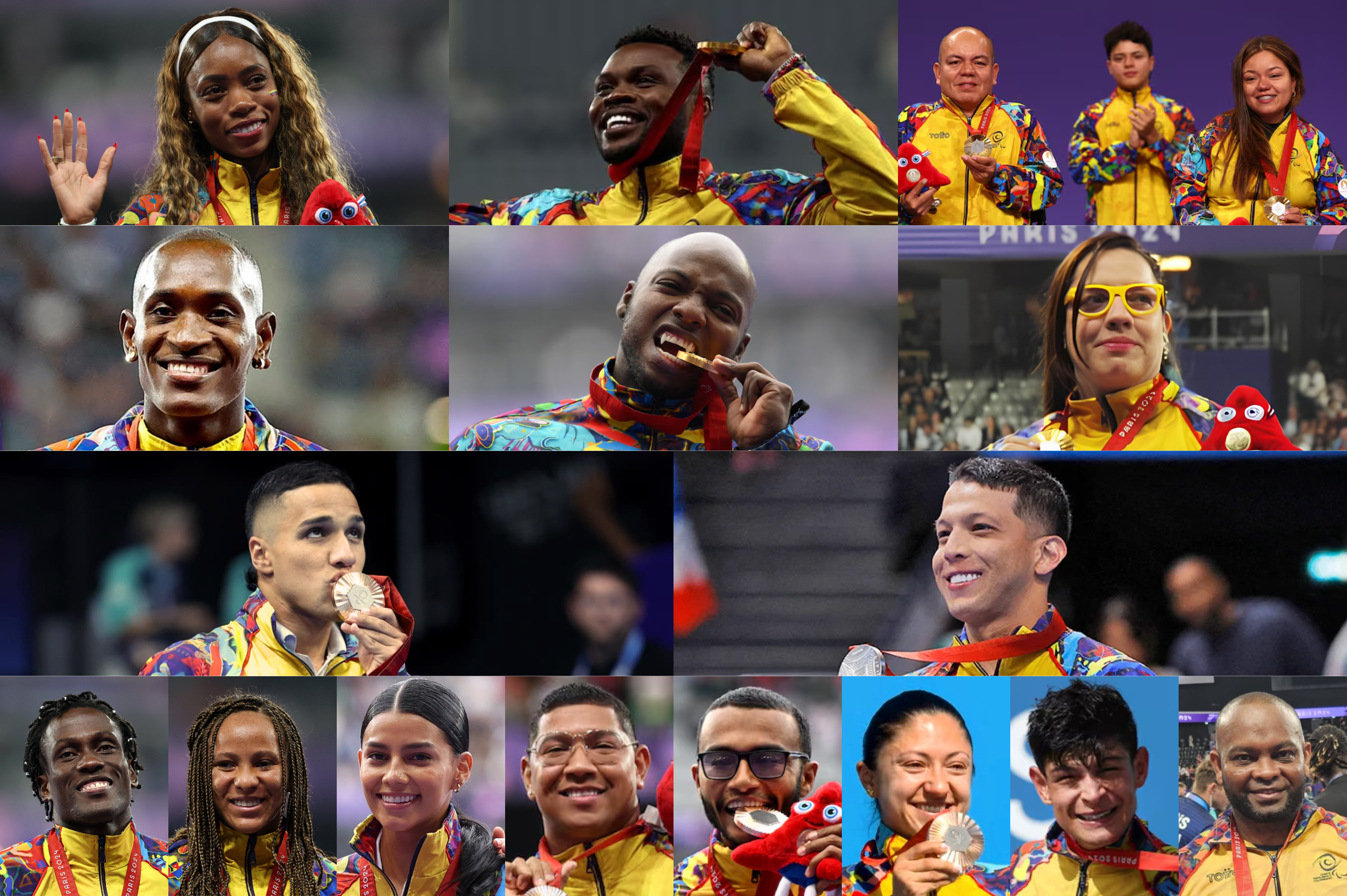 De arriba hacia abajo, de izquierda a derecha: Karen Palomeque - oro en 100 m T38 y 400 m T38, bronce en salto de longitud T38; José Gregorio Lemos - oro en lanzamiento de jabalina F38, bronce en salto de longitud T38; Edilson Chica (plata también) y Leidy Chica (bronce también) - oro en parabochas, dobles mixtos BC4; Jhon Obando - oro en 400 m T20, bronce en salto largo T20; Mauricio Valencia - oro en lanzamiento de peso F34, plata en jabalina F34; Erica María Castaño - oro en lanzamiento de disco F55; Carlos Serrano - plata en 50 m mariposa S7, 50 m libres S7, bronce en 100 m braza SB8; Nelson Crispín - plata en 200 m estilos SM6, 100 m braza SB6, 50 m mariposa S6; Juan Alejandro Campas - bronce en 100 m T38, 400 m T38; Darian Faisury Jiménez - bronce en 100 m T38; Xiomara Saldarriaga - bronce en lanzamiento de disco T38; Diego Meneses - bronce en jabalina F34; Buinder Bermúdez - bronce en 400 m T13; Paula Ossa - bronce en ciclismo en ruta, prueba de ruta C4-5 femenino; Juan José Betancourt Quiroga - bronce en ciclismo en ruta, prueba de ruta T1-2 masculino; Fabio Torres - bronce en levantamiento de pesas adaptado, -97 kg.