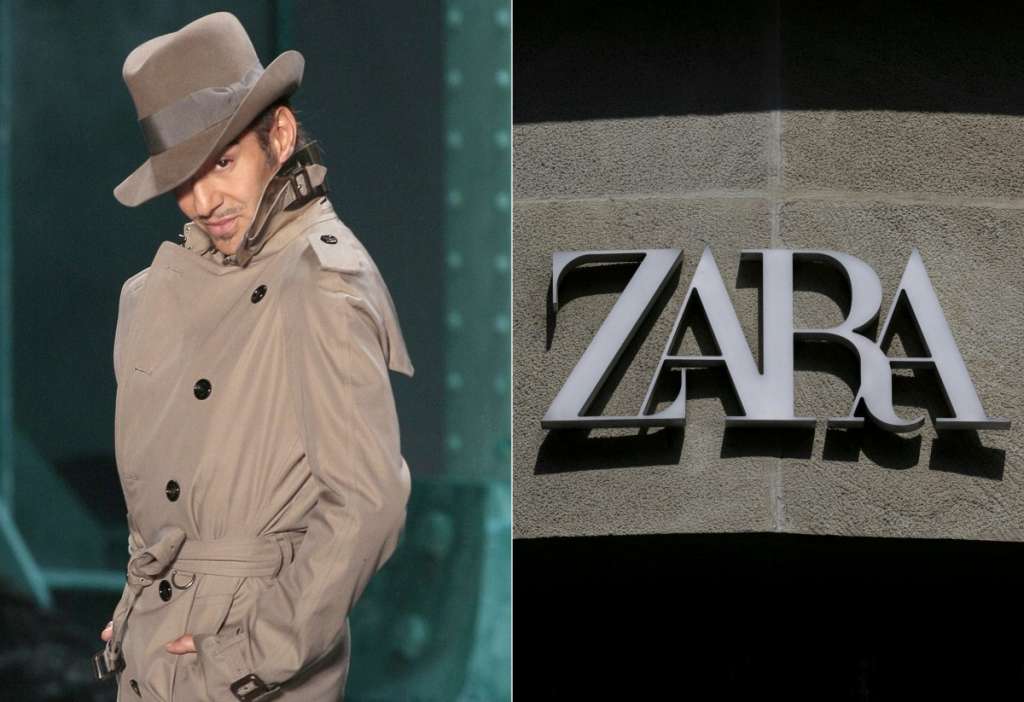 (COMBO) This combination of file pictures created on March 17, 2026 shows British designer John Galliano at the end of Christian Dior ready-to-wear Spring-Summer 2010 fashion show in Paris and the logo of Zara pictured in Paris on August 16, 2025.