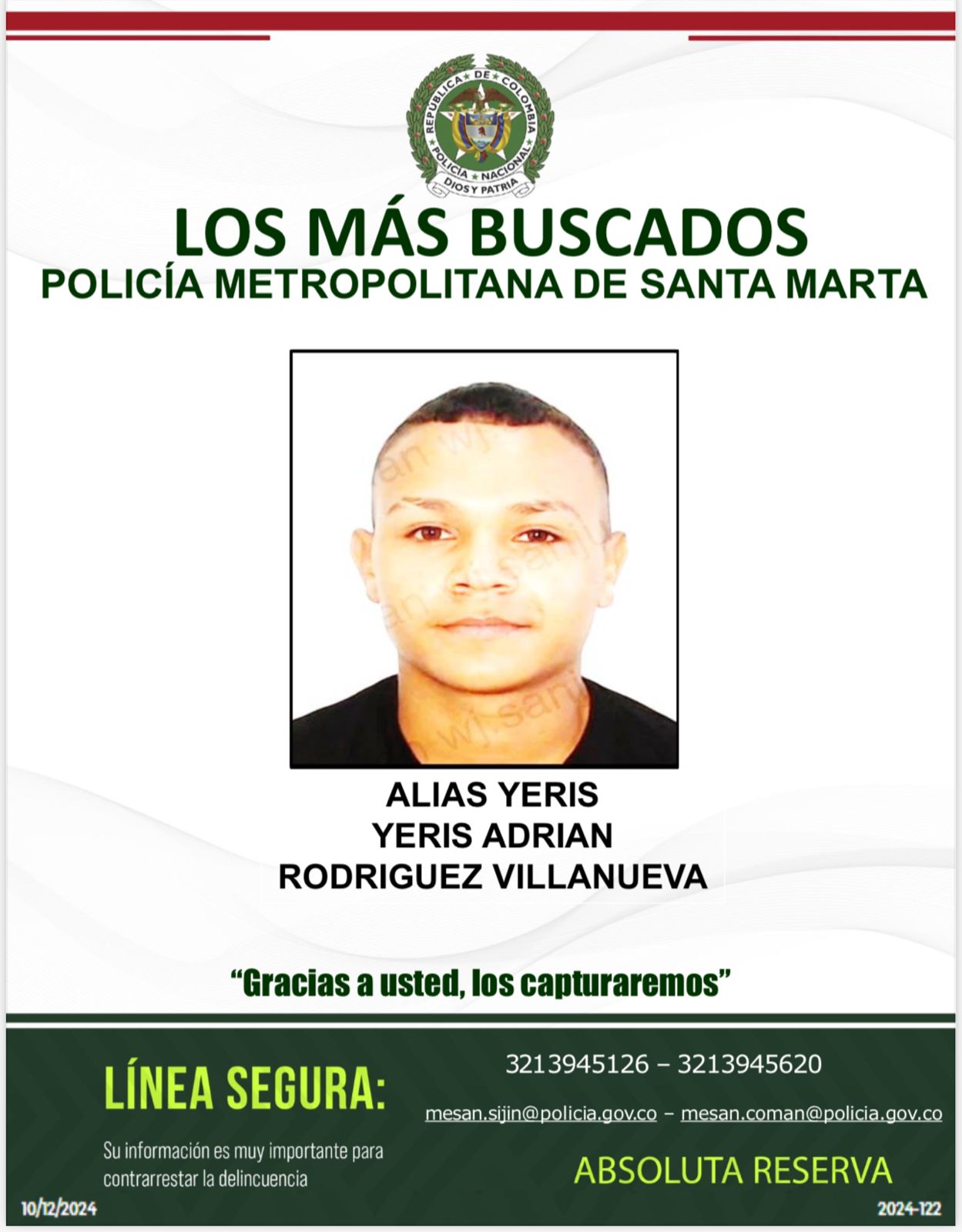 Se capturó a alias 'Yeris', proveniente de Santa Marta.