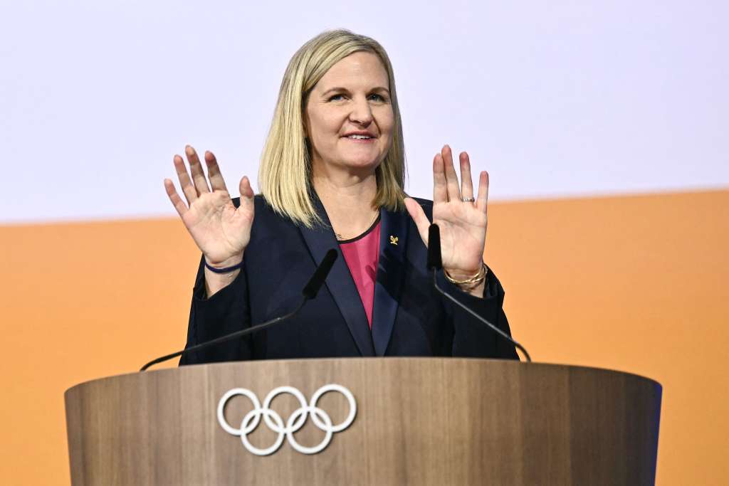 (FILES) Zimbabwean candidate for the presidency of the International Olympic Committee (IOC) Kirsty Coventry delivers a speech after being elected during the 144th IOC Session on the day of the election of the next President of the International Olympic Committee, in Costa Navarino, Greece on March 20, 2025.