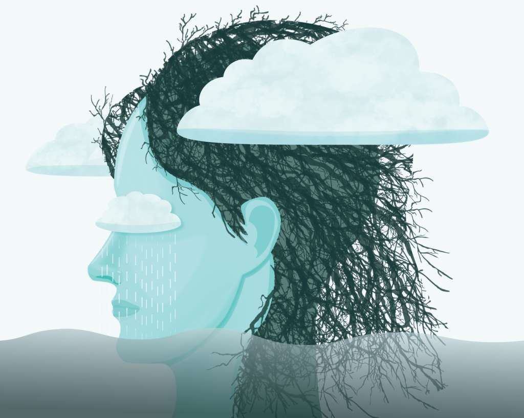 Ilustración de mujer es cubierta por desastres naturales.