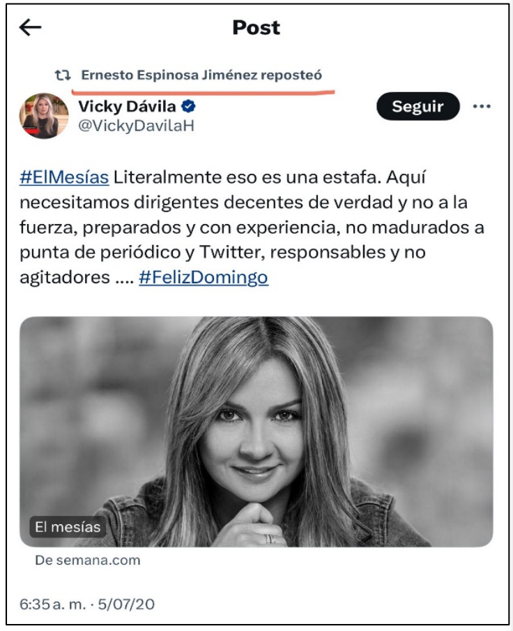Publicación de Vicky Dávila compartida por el procurador del caso Leyva.