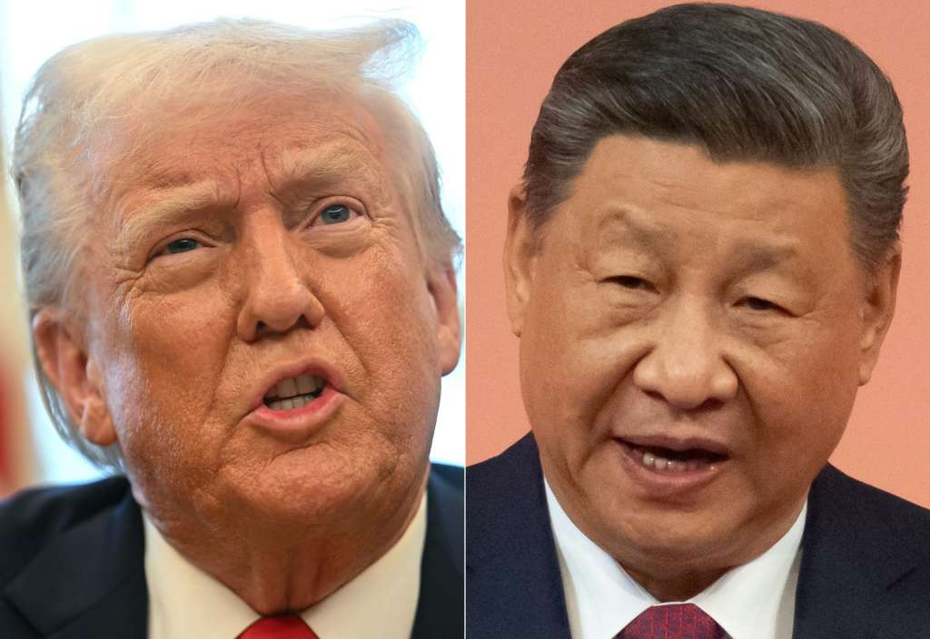 (COMBO) This combination of pictures created on February 04, 2025 shows, L-R, US President Donald Trump in the Oval Office of the White House on February 3, 2025, in Washington, DC and China's President Xi Jinping speaking in Macau on December 19, 2024.