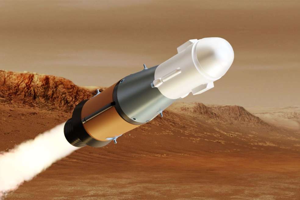Esta ilustración muestra el Mars Ascent Vehicle (MAV) de la NASA en vuelo propulsado.